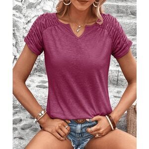Ruched Sleeve Notch Neck Tee | XL | Amaranth | Soft Cotton Blend | Casual Top